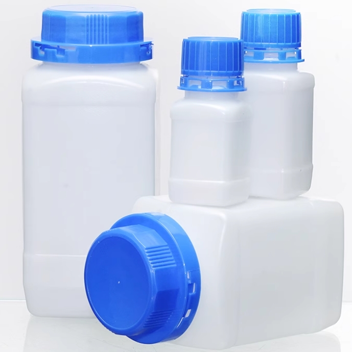Square reagent bottle with blue cap